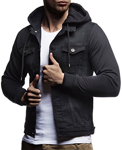 Leif Nelson chaqueta con capucha chaqueta de mezclilla de los hombres LN-5615 Negro XX-Large