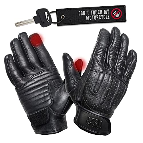 TSR - Guantes Moto Scooter para Verano, Otoño de Hombre Táctiles - Diseño Faster | Guantes Carretera Transpirables Reforzados | Guantes con Protección Deportivos 100% Piel Premium (M, Negro)