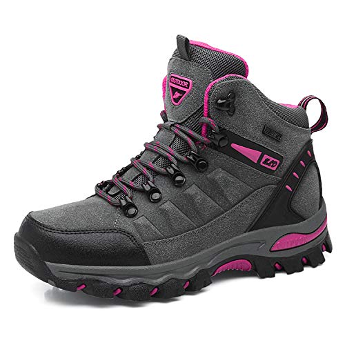 WOWEI Zapatos de Senderismo Mujer Al Aire Libre Impermeable Antideslizantes Escalada Trekking Sneakers Zapatos de Montaña,8019 Gris Rosa Rojo,37 EU