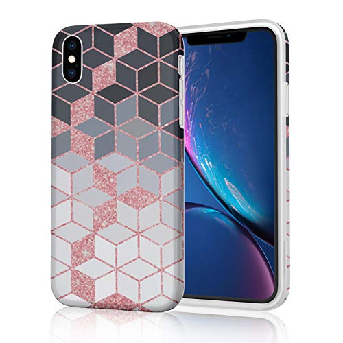 ZQ-Link Funda iPhone XS,Funda iPhone x,Silicona Marble Case Cover - Carcasa de [TPU] para móvil y diseño de geometría en [Negro Rosa Blanco]