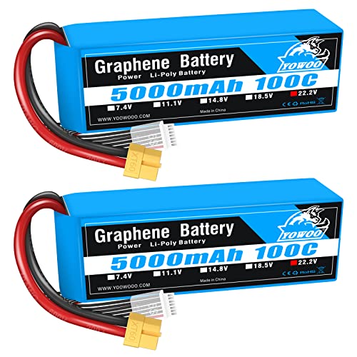 Yowoo 6S Batería de polímero de Litio 100C 5000mAh 22,2V Grafeno Lipo Batería con Conector XT60 Compatible con Arrma 1/5 1/8 1/10 RC Coche y camión avión helicóptero (2 Unidades)