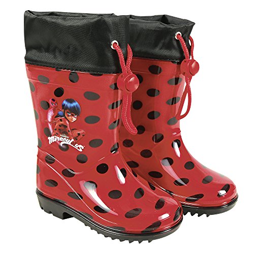 PERLETTI Botas de Agua Miraculous Lady Bug Niña - Botines Impermeables Ladybug Rojos Fantasía de Lunares - Botas Lluvia con Suela Antideslizante y Cierre con Cordón (Detalles Negros, Numeric_26)