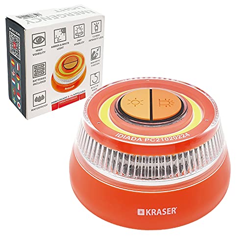 KRASER KR4V16N Luz Holomogada DGT LED Intensidad, Baliza Luminosa de Emergencia Imantada, Autónoma, Compacta y Ligera + Linterna con Colgador, Naranja