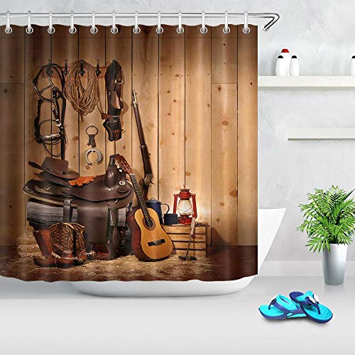 N / A Sombrero de Vaquero Botas Guitarra Pared de Madera Antigua Impermeable decoración de Tela Cortina de Ducha baño hogar Impermeable y a Prueba de Moho decoración Cortina de Ducha A65 200x200cm