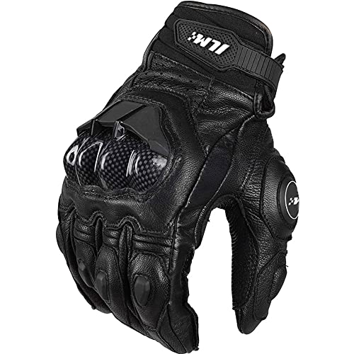 ILM Guantes Moto Cuero Hombre y Mujer-Guantes de Moto Piel Transpirables, Comodidad, Antideslizantes, Protección 360° Guantes Pantalla Táctil, Negro, L