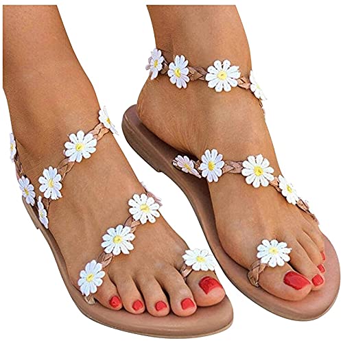 Nuevo 2021 Sandalias Mujer Verano Flores Planas Moda Sandalias de Vestir Playa Chanclas para Mujer Zapatos Sandalias de Punta Abierta Roma casual Sandalias Fiesta Cómodo Flip flop