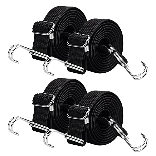 4 Piezas Pulpos Elasticos con Ganchos, 2M Cuerdas Elásticas Ajustable con Ganchos para Coches Motos Bicicletas Camping - Negro