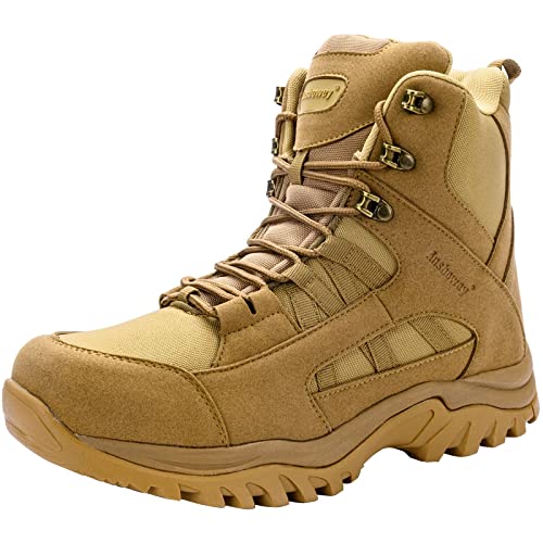 Ansbowey Botas Militares Tacticas Hombre Mujer Alta Botas para Senderismo/Montaña/Trekking/Policiales Patrulla/Moto con YKK Cremallera Lateral Color Marrón Talla 41 EU