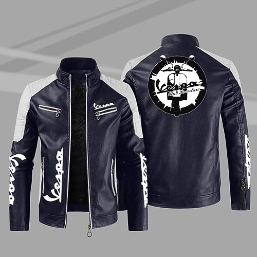 YRSHENG Chaquetas De Cuero De Imitación De PU para Hombre Servizio Vespa Estampado De Motocicleta Bomber Chaqueta De Gran Tamaño Cremallera Completa Tops-Blue||4XL