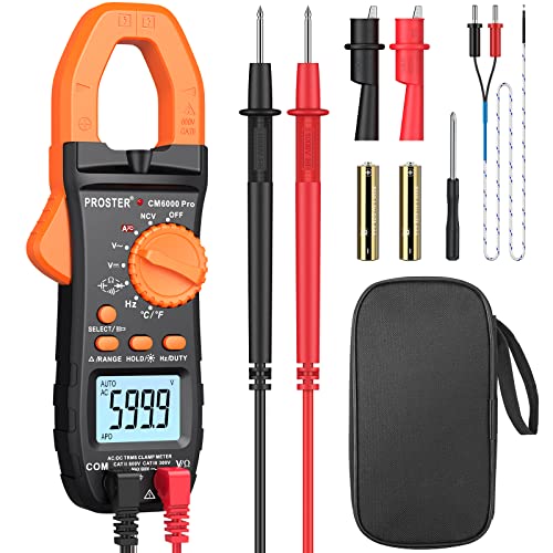 Proster Pinza Amperimétrica 6000 Cuentas 800A Multímetro Digital 600V TRMS NCV AutoRango con Pantalla Retroiluminada para Prueba de Corriente y Voltaje CA/CC Resistencia Frecuencia Temperatura