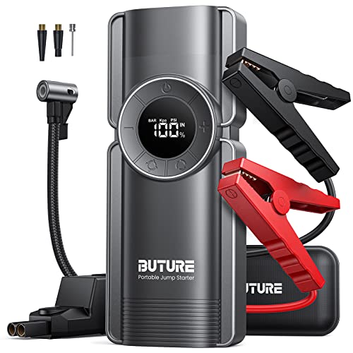 BuTure Arrancador de Coches con Compresor de Aire, 2500A 20000mAh Arrancador de Baterias de Coche (8.5L Gasolina/8.0L Diesel),150 PSI Inflado Rápido con portátil Jump Starter