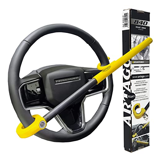 Artago 840A/B Barra Antirrobo Coche Volante Universal, Cierre Compacto Basculante, Cerradura Alta Seguridad con bola antitaldro, Ajuste de Rosca, Coche SUV Furgoneta Camión, Amarillo y Negro