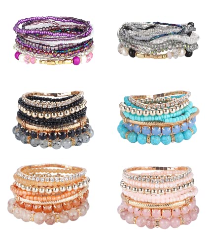 LOLIAS 6 Juego Pulseras Cuentas Apilables Bohemias para Mujer Brazaletes Elásticos Múltiples Capas Conjunto Pulsera Colgante Encanto