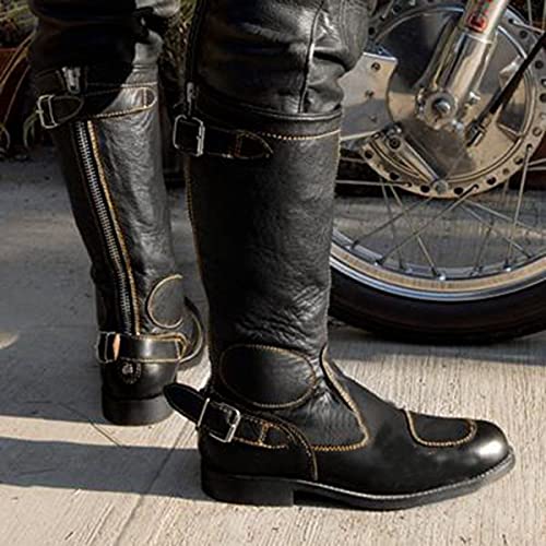 Botas Planas de Motociclista de Media Pantorrilla Bota de Cuero de imitación de PU Bota de Cuero para Mujer para Hombre Zapatos con Cremallera hasta la Rodilla Botas de Caballero de tacón bajo de