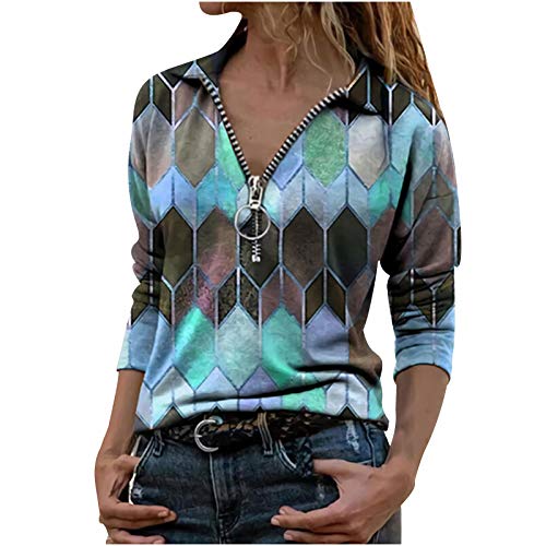 Top Blase Sleeve Zipper Geometric Fashion Lapel Mujeres Long Casual Impresión T Camisa Mujer Camiseta 8 Marzo Mujer El Ganso Mujer Camisetas