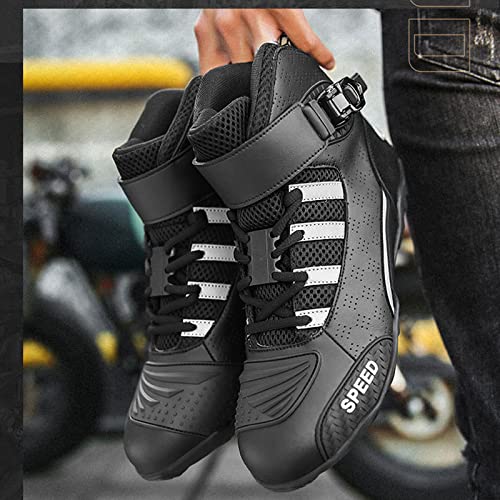 Botas de Motociclista de Cuero de Microfibra, Zapatos de Carreras de Moda para Motos, Botas Blindadas Protectoras para Motos para Hombres,Grigio-43