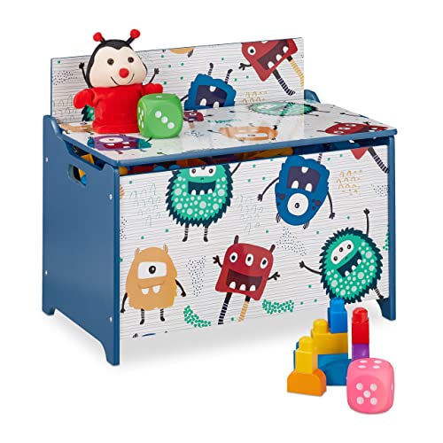 Relaxdays Caja Juguetes Diseño Monstruos, Baúl Infantil Almacenaje con Tapa, Arcón Niños, 50x60x36,5cm, MDF, Azul/Blanco, 100% Tablero de Fibra