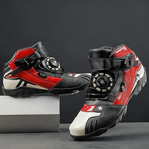 FOGUO Botas de Motocross Cuero para Hombre Zapatos Impermeables para Montar en Motocicleta Calzado Casual Calzado Deportivo para Carreras al Aire Libre,Red-39