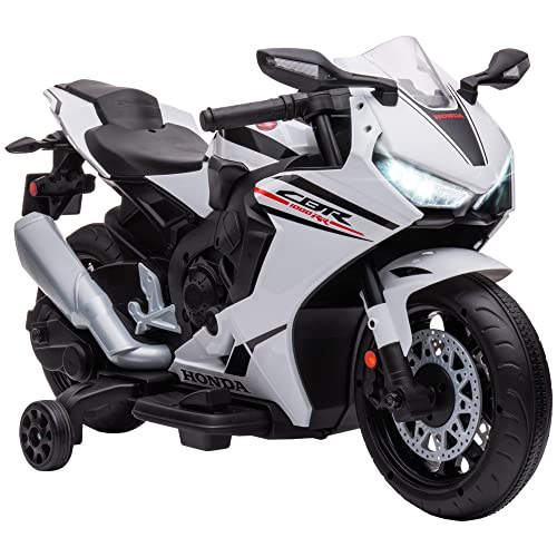 HOMCOM Moto Eléctrica con Licencia Honda para Niños de 3-5 Años Moto a Batería 6V con Faro Bocina Música y Ruedas Auxiliares Extraíbles Carga 30 kg 90x44x52 cm Blanco