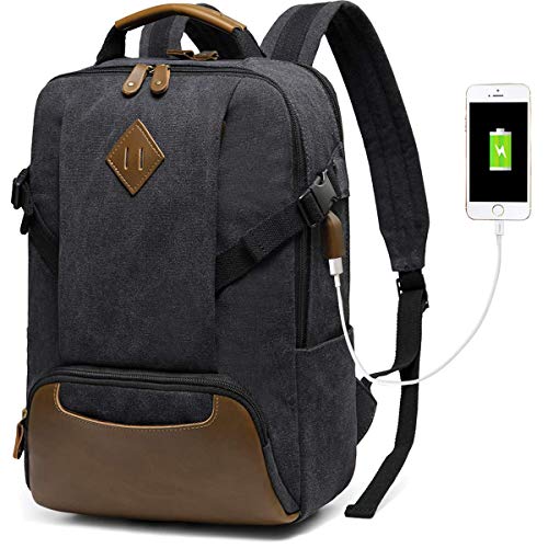 Kasgo Mochila Hombre Mujer, Mochila Portatil 15.6 Pulgadas Lona Vintage Mochilas Escolares Impermeable Mochila Ordenador con Puerto USB Mochila Casual para Viaje Universidad Trabajo Negocio, Negro