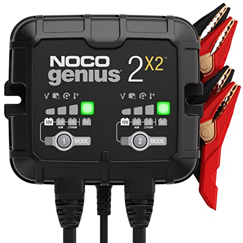 NOCO GENIUS2X2, Cargador Inteligente Automático de 4A y 2 Bancos (2A por Banco), Cargador de Batería 6V y 12V, Mantenedor de Batería y Desulfador para Moto, Scooter, Coche, Camión y Caravana 