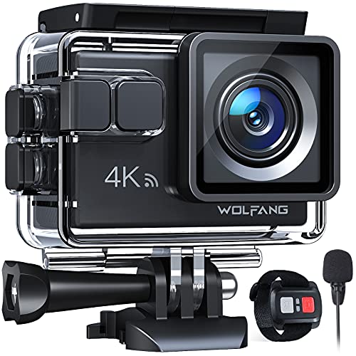 WOLFANG Cámara Deportiva GA100 4K 30FPS, Videocámara WiFi de 20MP, Cámara Subacuática Buceo 40M con Micrófono Dual Control Remoto, Cámara de Casco con EIS Antivibración, 2 Baterías, Varios Accesorios