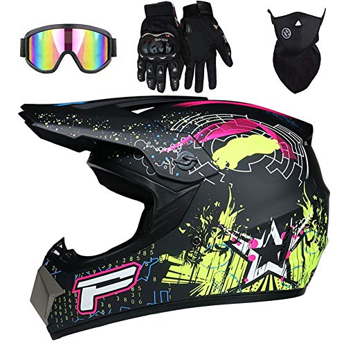 DYOYO Casco Profesional Motocross Offroad Helmet con Gafas Máscara Guantes Cascos Dirt Bike ATV Motocicleta Casco Guantes Gafas Ideal ECE Homologado para Niño Adultos Bicicleta 55-62CM