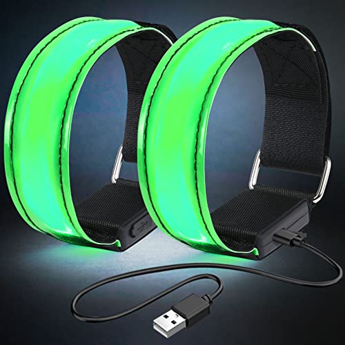 flintronic 2PCS Brazalete LED Recargable, Brazalete LED Running con Banda Reflectante Running, Banda Reflectante para Correr de Noche, Trotar, Deporte al Aire Libre, Ciclismo-Incluye Cable USB/Verde