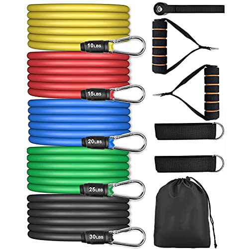 AGM Set de Bandas de Resistencia Fitness, 5 Bandas elásticas de látex con Asas, Bandas elásticas para Entrenar con Soporte de 100lbs, para Equipos de Fitness, Yoga, Pilates, Terapia física.