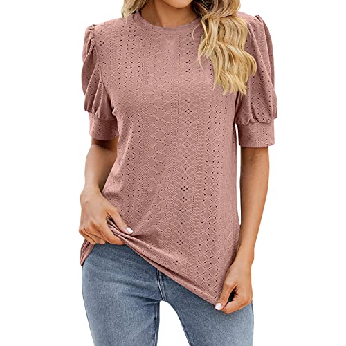 Blusas y Túnicas para Mujer Camiseta Mujer Baño Botón Traje Mujer Blusa Verano Moda Cuello O Elegante Camisa de Oficina Casual Manga Corta Blusa Blusa Con Manga Abullada, Rosa intenso., L