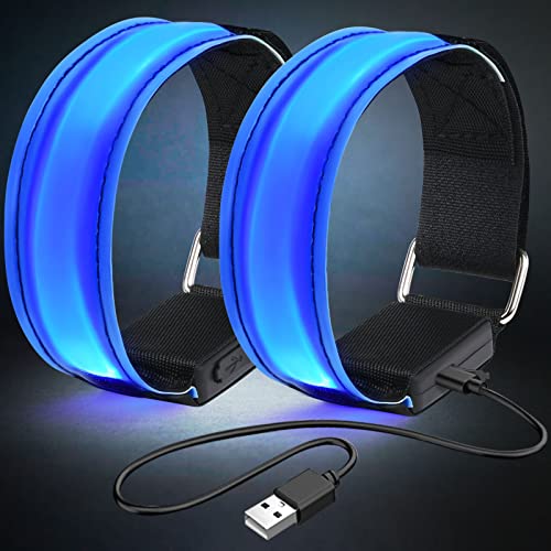 flintronic 2PCS Brazalete LED Recargable, Brazalete LED Running con Banda Reflectante Running, Banda Reflectante para Correr de Noche, Trotar, Deportes al Aire Libre, Ciclismo-Incluye Cable USB/Azul