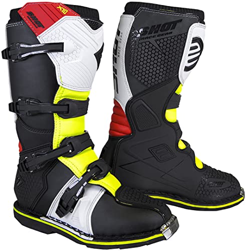 Shot X10 2.0 Black Neon - Botas de motocross (talla 46), color negro, blanco, rojo y amarillo