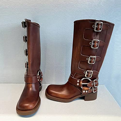 Huanguohi Steampunk Botas De Montar Botas De Caballero De Cuero Retro Vikingo con Hebilla De Cinturón De Metal De Varias Filas Al Aire Libre De La Motocicleta De Moda Zapatos De Bota Larga,Marrón,43