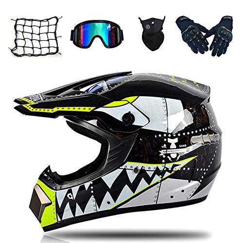 MRDEAR Casco Cross Infantil - Negro/ Tiburón - Casco Motocross con Gafas/ Máscara/ Guantes/ Red Elástica, Casco Enduro MTB Adulto Quad Off Road ATV Scooter (S, M, L, XL),L