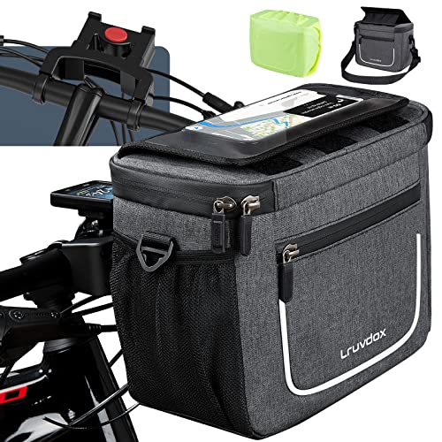 Lruvdox Bolsa Manillar Bicicleta 5L con Adaptador para Bicicletas y Bicicletas eléctricas, Soporte movil Bicicleta Impermeable Cesta Delantera Cuadro montaña con Pantalla táctil y Bandolera extraíble