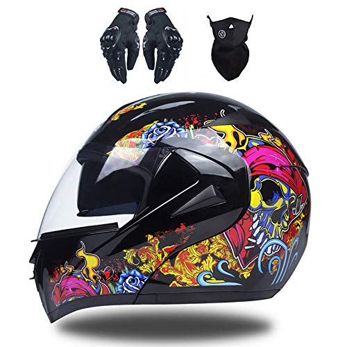 MRDEAR Casco de Moto con Guante Mascarilla, Adultos Modular Integral Casco Moto Set para Ciclomotor Motocicleta y Scooter Mujer Hombre, Doble Visera (S,M,L,XL),B,S