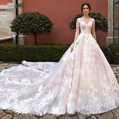 Vestido de novia con encaje Princesa del vestido de la novia del nuevo del O-cuello de la manga larga moldeada una línea de vestidos de boda Apliques Tren real de encaje vestido de novia con cola