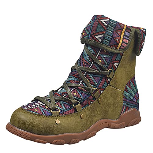 TEELONG - Botas cortas para mujer, estilo plano, estampadas, bohemias, con cordones, informales, para mujer, Verde militar, 38 EU