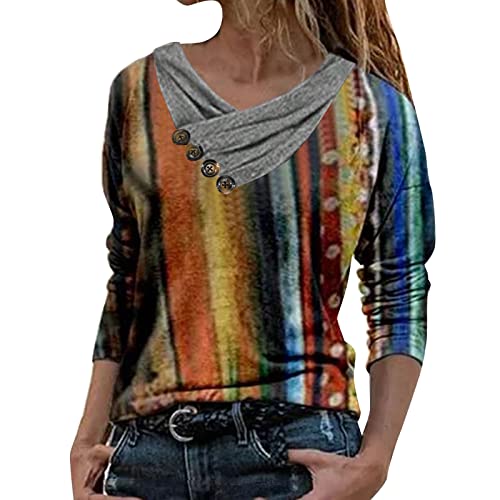 QWUVEDS Camisa de malla para mujer, blusas de moda Tie-colorante bordado de encaje con botón cuello de manga larga, suéter de olla de blusa, tienda online, naranja, XL