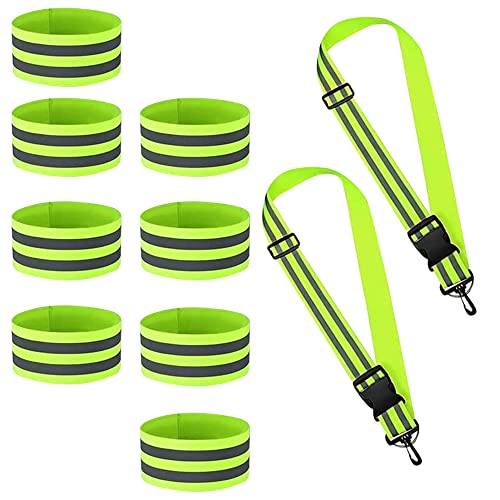 LUFEIS 8 Brazalete Reflectante+2 Pulsera de Seguridad Reflectante, Brazaletes Reflectantes de Alta Visibilidad, Doble Banda Reflectante con Cierre de Velcro para Exterior, Correr, Ciclismo