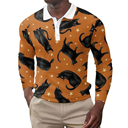 Camisetas Hombre Gas Camisa con Botones de Talla Grande para otoño e Invierno para Hombre Solapa Top de Manga Larga con Estampado Festivo de Halloween Manga Corta Hombre