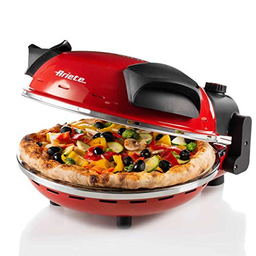 Ariete 909 - Mini horno para pizza en 4 minutos, 1200 W, 5 niveles temperatura, diámetro 33 cm, regulador de tiempo 30 minutos y temperatura, indicador luminosos encendido/apagado, color rojo negro