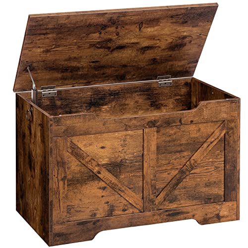 HOOBRO Caja de Juguetes, Banco de Almacenamiento, Taburete de Almacenamiento con Mecanismo de Bloqueo, Robusto, Armario de Madera, Fácil de Montar, Marrón Rústico EBF77CW01