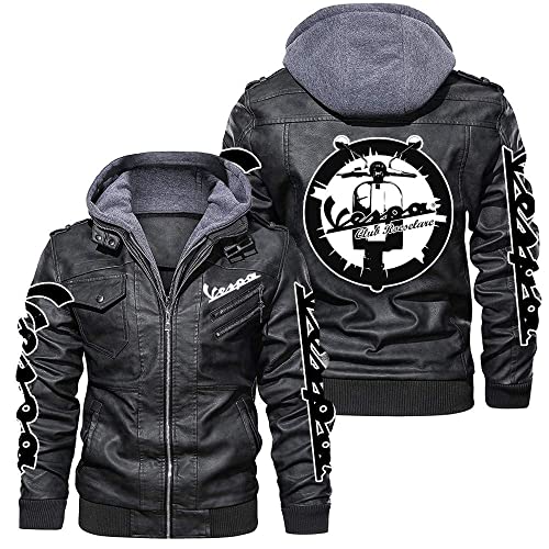 Chaqueta De Cuero De Imitación De PU Para Hombre Servizio Vespa Impresión Con Capucha Chaqueta De Bombardero De Motocicleta Informal Sudadera Con Capucha De Cuero De Motorista Vintage-black||XXL