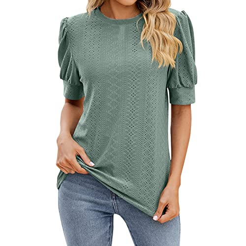 Blusas y Túnicas para Mujer Camiseta Mujer Baño Botón Traje Mujer Blusa Verano Moda Cuello O Elegante Camisa de Oficina Casual Manga Corta Blusa Blusa Con Manga Abullada, verde, S