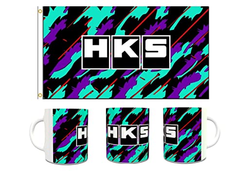 Taza personalizada HKS + Bandera HKS para Amantes del Motor, Coches, Tuning, Racing, JDM, Ideal para Regalo Amigos, Deportivo y Resistente