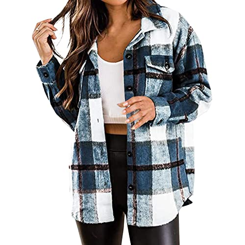 Chaqueta a Cuadros de Tweed de Cuello Alto para Mujer Chaqueta Deportiva Camiseta Holgada Camisa de Manga Larga Liquidación Venta Elegante Cardigan Abrigo Tallas Grandes Baratos(E Blue,XXL)