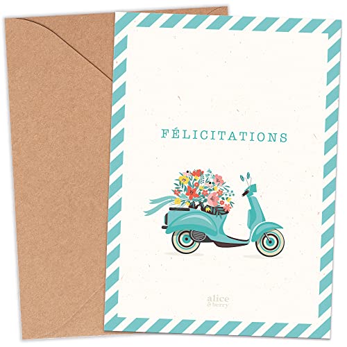 aliceandberry Tarjeta de felicitación para bodas y ceremonias de felicitación, diseño vintage Vespa A6, papel grueso de 350 g, sobre kraft incluido