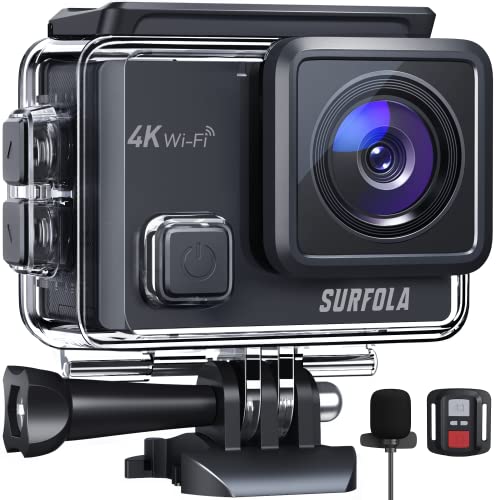 Surfola Cámara Deportiva 4K 30FPS - 20MP WiFi Camara Acuatica Sumergible 40M, EIS Antivibración, 2.0'LCD, 170° Gran Angular, 2.4G Remoto, 2 Baterías de 1050mAh y Accesorios Multiples, SF230