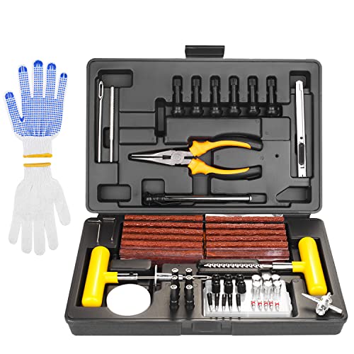 SHYOSUCCE 100pcs Kit de Reparación de Neumáticos con Manómetro Presión, Guantes y Clavos de Reparación Rápida, Kit Repara Pinchazos para Autos, Bicicletas, Motos, Tractores, Camiones